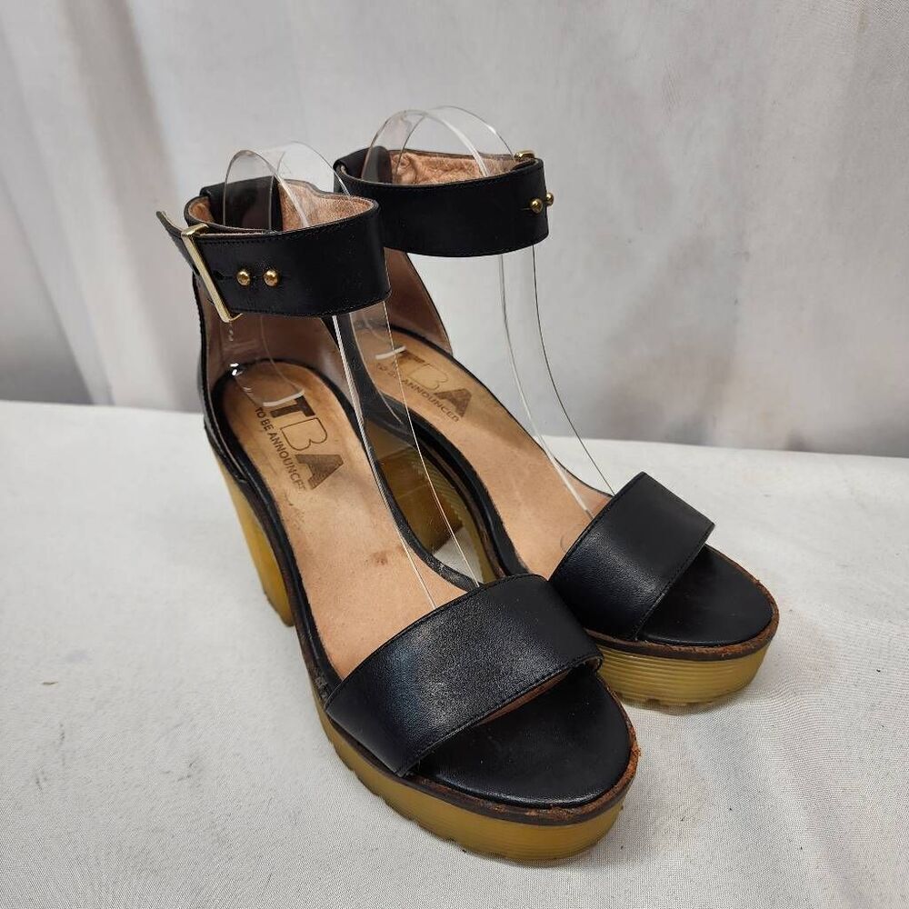 TBA To Be Announced Women's 7 Ankle-strap black Chunky Utility Thread Heel